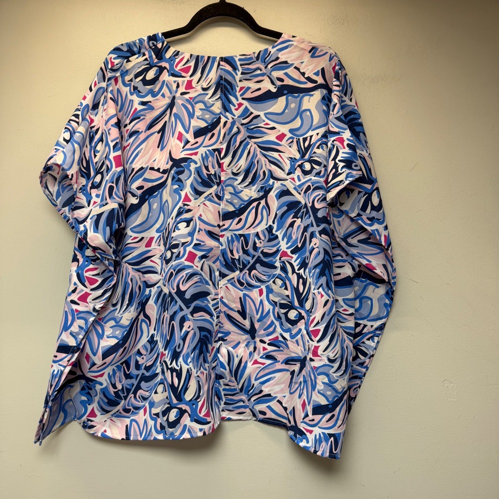 Simply Southern Poncho Top Womens Medium Blue Pink Tropical Leaf Excellent Boho - Picture 6 of 7